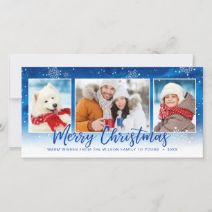 Blue Snowflake 3 Picture Merry Christmas Holiday Card