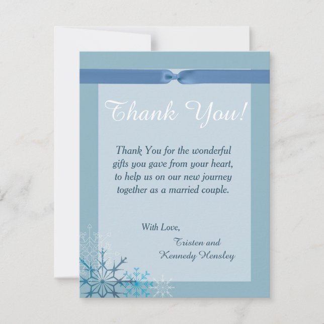 Blue Snowflake 4x5 Flat Wedding Thank You Card (Front)
