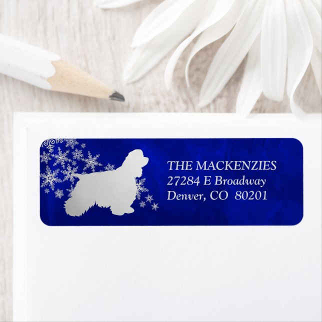 Blue Snowflake American Cocker Return Address (Insitu)