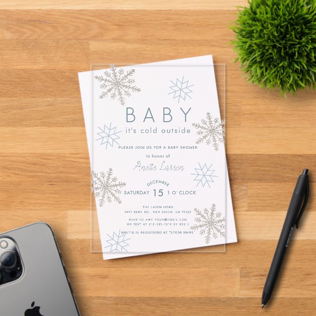 Blue Snowflake Baby Its Cold Outside Baby Shower Acrylic Invitations (Insitu (Invitation Card))