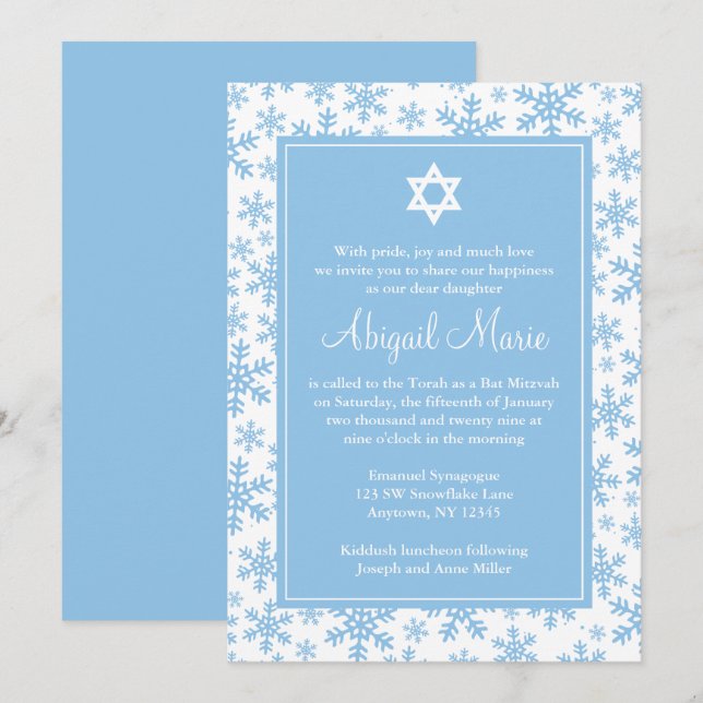 Blue Snowflake Border Star of David Bat Mitzvah Invitation (Front/Back)