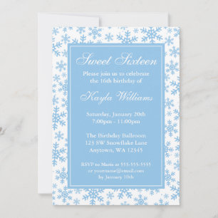 Blue Snowflake Border Winter Wonderland Sweet 16 Invitation