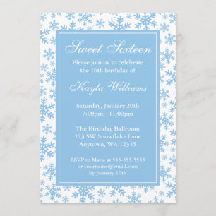 Blue Snowflake Border Winter Wonderland Sweet 16 Invitation