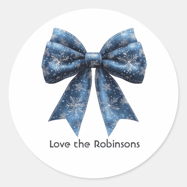 Blue Snowflake Bow Christmas Holiday Classic Round Sticker (Front)