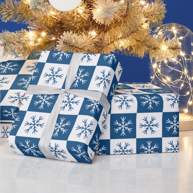Blue Snowflake Chequered Pattern Christmas Holiday Wrapping Paper (Holidays)