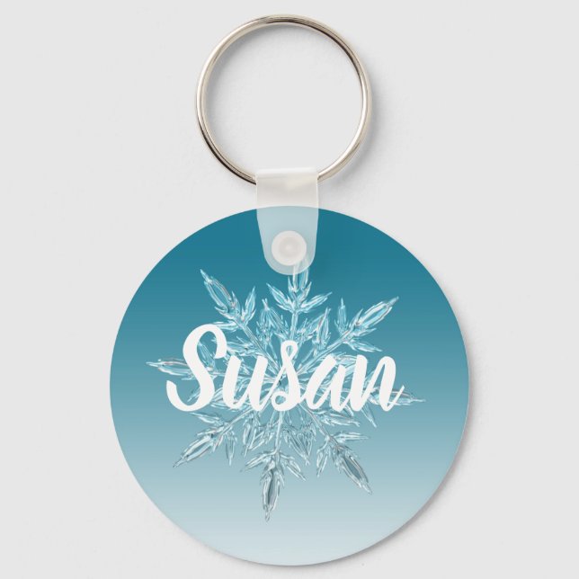 Blue Snowflake Christmas Personalized Key Chain (Front)