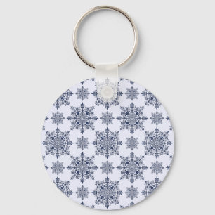 Blue Snowflake Damask Pattern Keychain