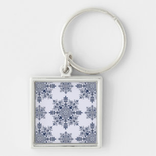 Blue Snowflake Damask Pattern Keychain