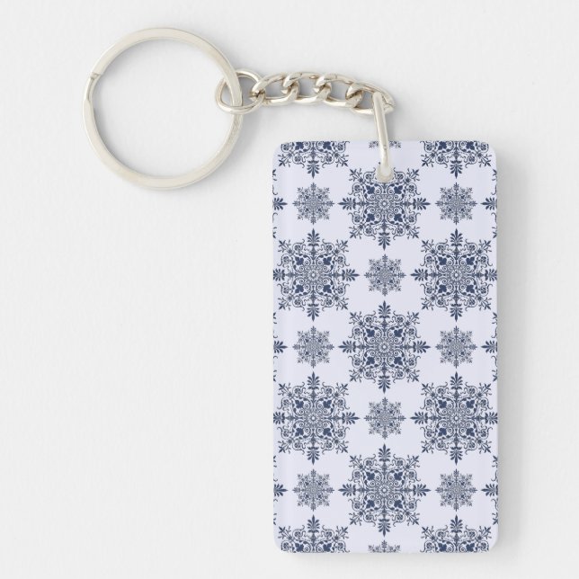 Blue Snowflake Damask Pattern Keychain (Front)