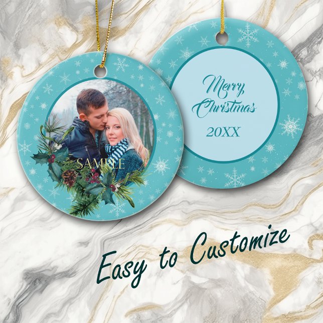 Blue Snowflake Evergreen Frame Photo Ceramic Ornament (Creator Uploaded)