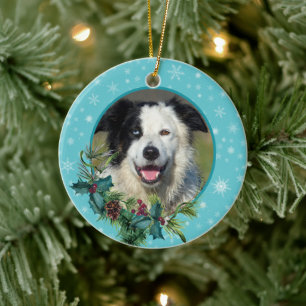 Blue Snowflake Evergreen Photo Memorial Ceramic Ornament