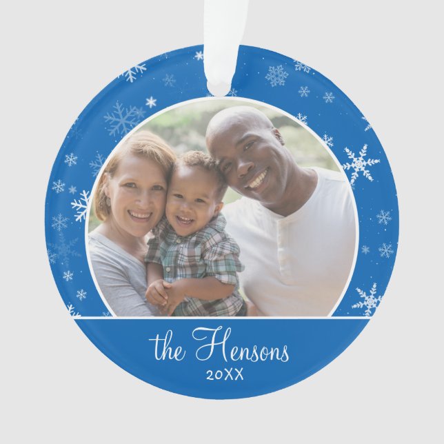 Blue Snowflake Family Photo Christmas Keepsake Ornament (Front)