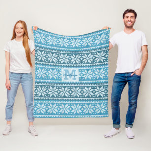 Blue Snowflake Faux Knit Sweater Monogram Name Fleece Blanket