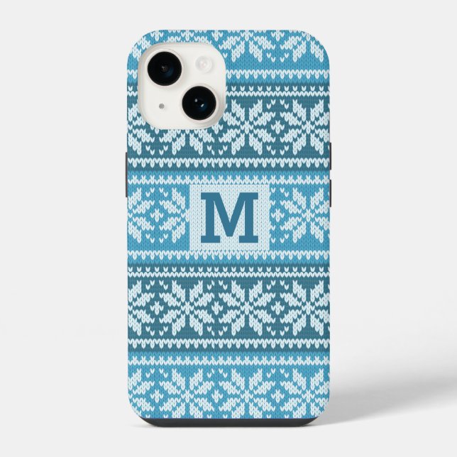 Blue Snowflake Faux Knit Sweater Pattern Monogram  iPhone Case (Back)