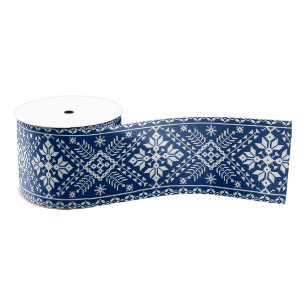 Blue Snowflake & Floral Fair Isle Christmas Grosgrain Ribbon