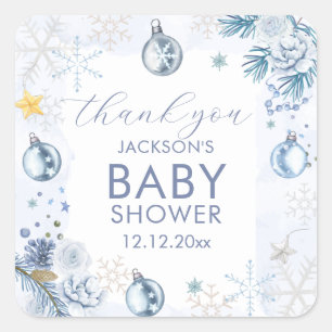 Blue Snowflake Flower Winter Baby Shower Square Sticker