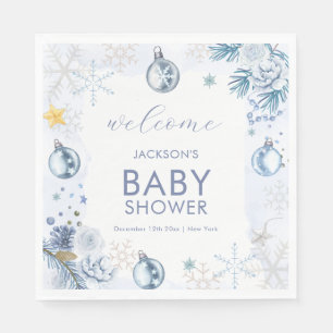 Blue Snowflake Flower Winter Baby Shower Welcome Napkin