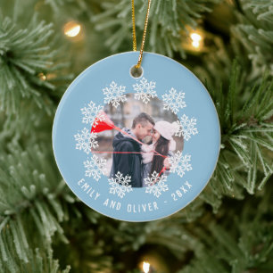 Blue Snowflake Frame Couple Keepsake Photo Ceramic Ornament
