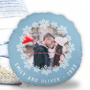 Blue Snowflake Frame Couple Keepsake Photo Round Pillow