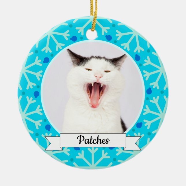 Blue Snowflake Frame Customizable Kitty Ceramic Ornament (Front)