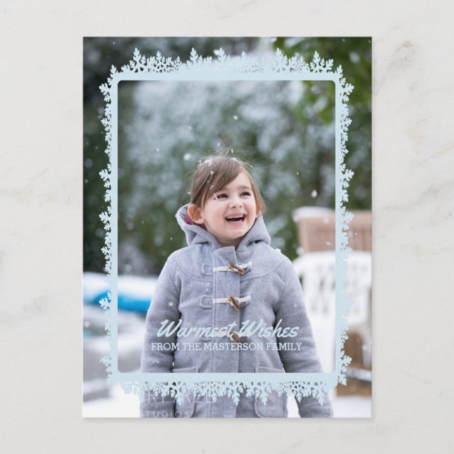 Blue Snowflake Frame Holiday Photo Postcard (Front)