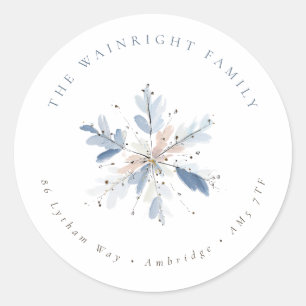 Blue Snowflake Holiday Family Return Address Classic Round Sticker