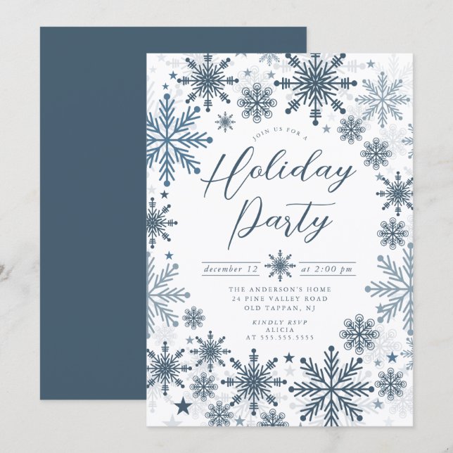 Blue Snowflake Holiday Party Invitation (Devant / Derrière)