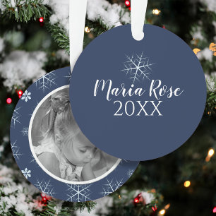 Blue Snowflake Kids Photo Personalized Christmas Metal Ornament