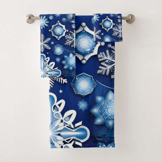 Blue Snowflake Motif Bath Towel Set (Insitu)
