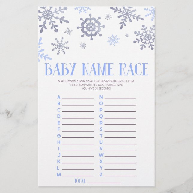 Blue Snowflake Name Race Baby Shower Game Activity Stationery (Front)