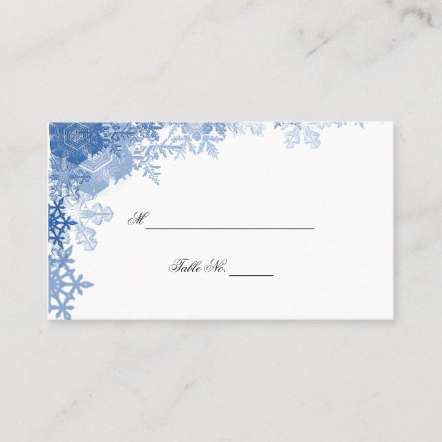 Blue Snowflake on White Wedding Place Cards (Front)