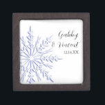 Blue Snowflake on White Winter Wedding Gift Box<br><div class="desc">The elegant Blue Snowflake on White Winter Wedding Gift Box can be personalized with the names of the bride and groom and their December, January or February marriage ceremony date to create a keepsake gift for the newlyweds, bridesmaids and bridal attendants. This festive winter wonderland theme trinket box features a...</div>