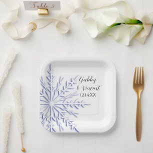 Blue Snowflake on White Winter Wedding Paper Plate