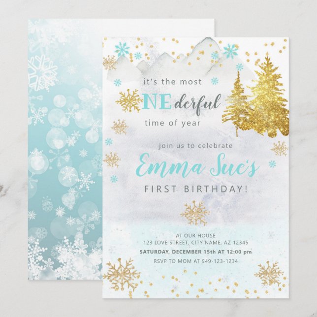 Blue Snowflake ONEderful Time of Year Birthday  Invitation (Front/Back)
