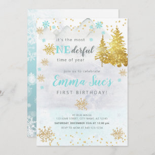 Blue Snowflake ONEderful Time of Year Birthday Invitation