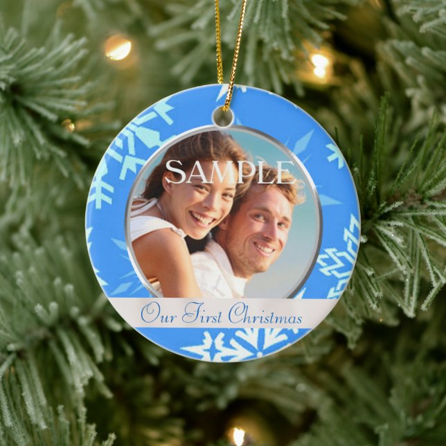 Blue Snowflake Our First Christmas Photo Ornament (Tree)