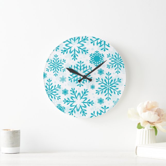 Blue Snowflake Pattern Large Clock (Home)