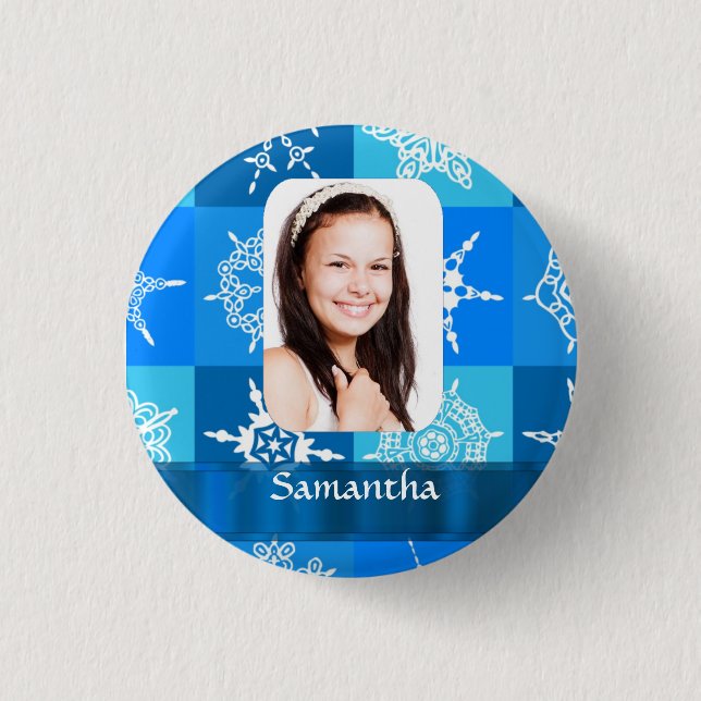 Blue snowflake pattern photo template 1 inch round button (Front)