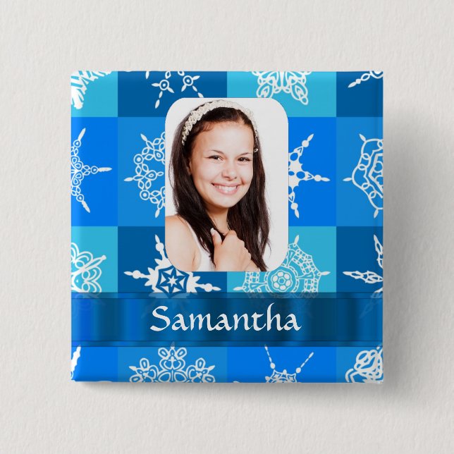 Blue snowflake pattern photo template 2 inch square button (Front)