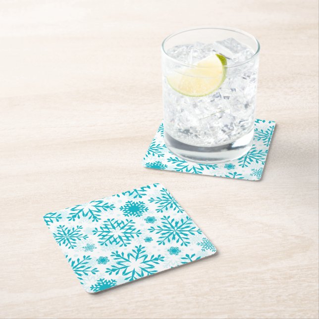 Blue Snowflake Pattern Square Paper Coaster (Insitu)
