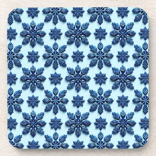 Blue Snowflake Patterned Background Coaster (Front)