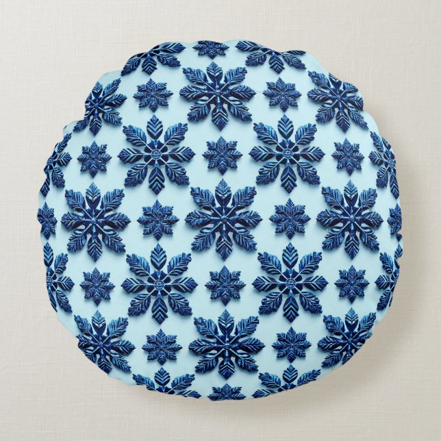 Blue Snowflake Patterned Background Round Pillow (Front)