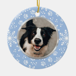 Blue Snowflake Paw Pattern Pet Photo Ceramic Ornament