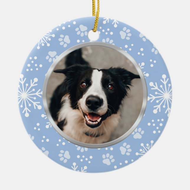 Blue Snowflake Paw Pattern Pet Photo Ceramic Ornament (Front)
