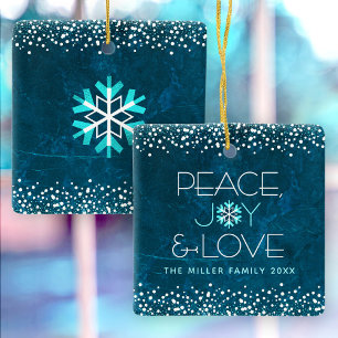 Blue Snowflake Peace Joy Love Custom Name Modern Ceramic Ornament