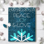 Blue Snowflake Peace Joy Love Modern Typography Jigsaw Puzzle<br><div class="desc">“Peace, joy & love.” A giant, fun, playful, white and turquoise snowflake illustration and modern typography on a rich, deep teal blue marble watercolor background help you usher in the holiday season. A white and turquoise confetti dot border frames the top. Feel the warmth and joy of the holiday season...</div>