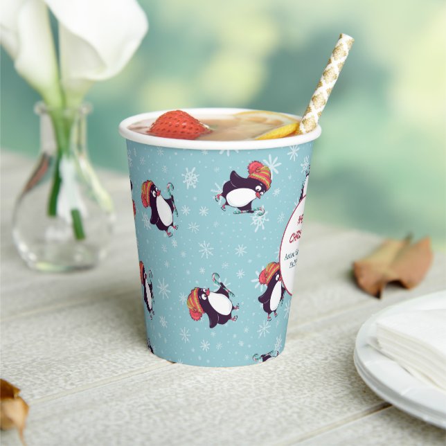 Blue Snowflake Penguin Pattern Christmas Paper Cups (Insitu)