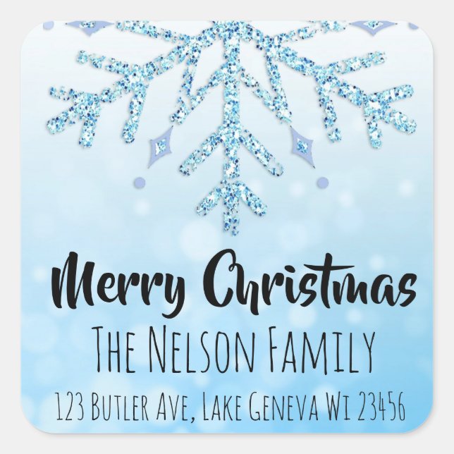 Blue Snowflake Personalized Christmas Square Sticker (Front)