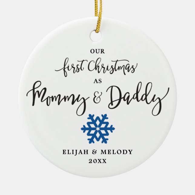 Blue Snowflake Personalized Mom and Dad Christmas Ceramic Ornament (Front)