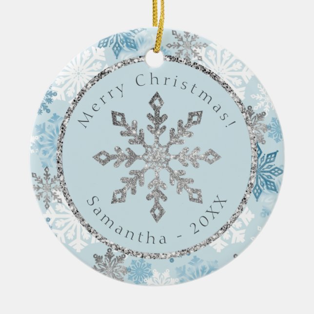 Blue Snowflake Personalized Name Date Ceramic Ornament (Front)